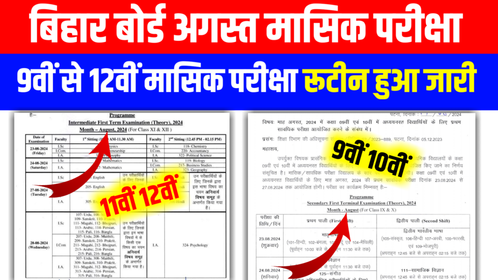 Bihar Board 9th 12th Monthly Exam August Routine Out: