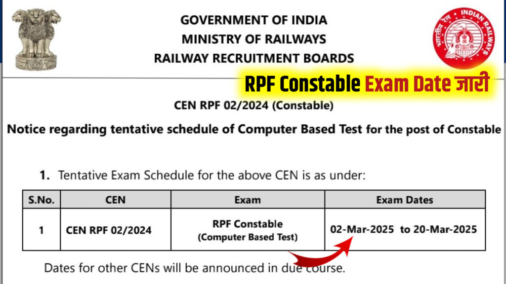 RPF Constable Exam Date Announced: